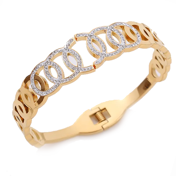 Elegant Geometric Circle Bangle w Rhinestones Stainless Steel 