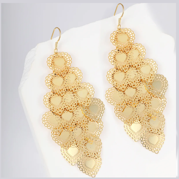 Delicate Lace Heart Shaped Stainless Steel 18k Gold Plating Chandelier Earrings