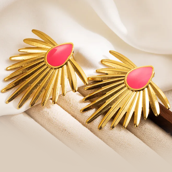 Palm Leaf Pink Enamel Ear Stud Stainless Steel