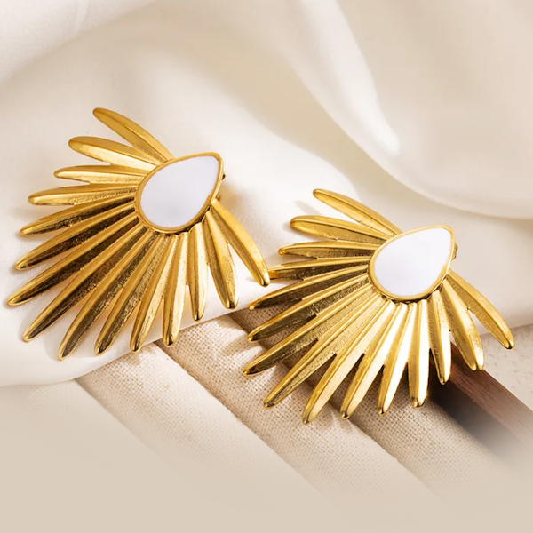 Palm Leaf White Enamel Ear Stud Stainless Steel 