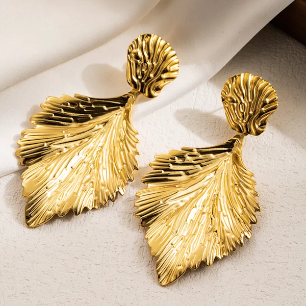 Trendy Textured Leaf Drop Stainless Steel Drop Earrings