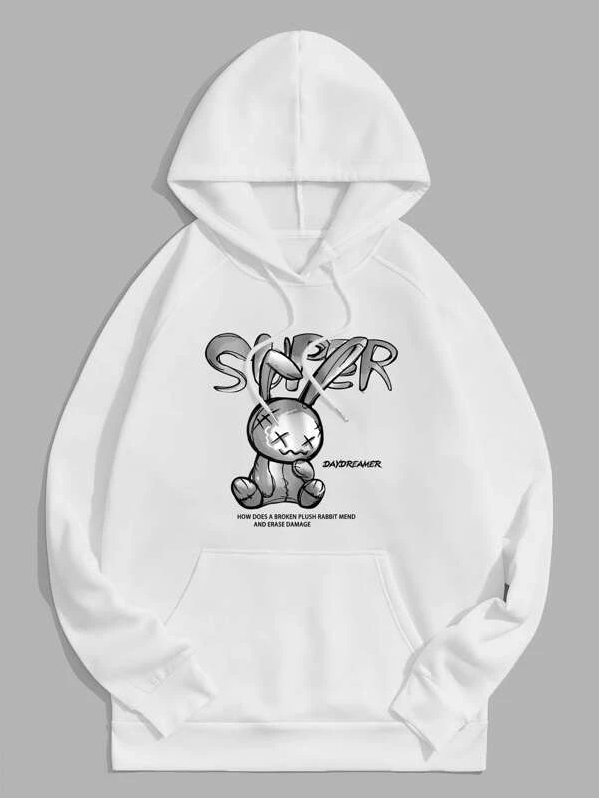 Men Slogan & Cartoon Graphic Drawstring Hoodie