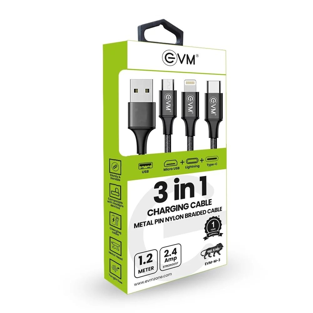 EVM-M-3 3 IN 1 CHARGING CABLE (METAL HEAD NYLON BRAIDED CABLE) With GST Bill