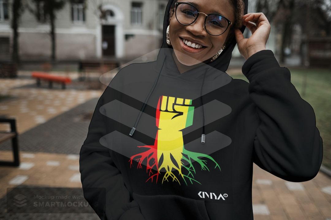 Black Kimya Hoodie with Raised Red, Green and Gold fist with Connected Roots