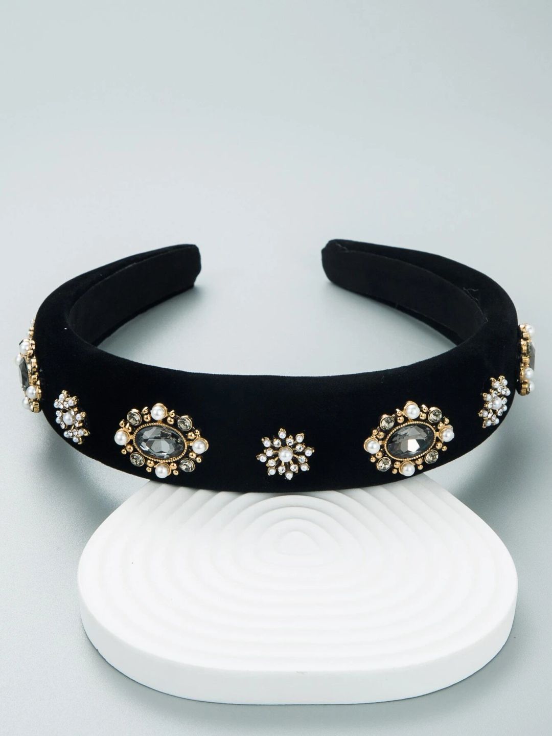 Rhinestone & Faux Pearl Wide Headband - Black