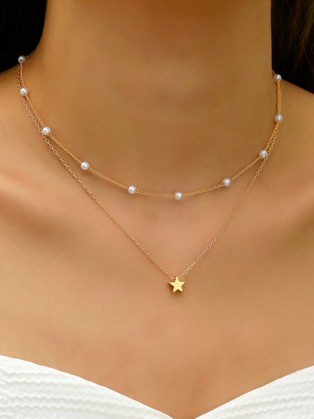 2pcs/set Pendant And Faux Pearl Layered Necklace - Yellow Gold