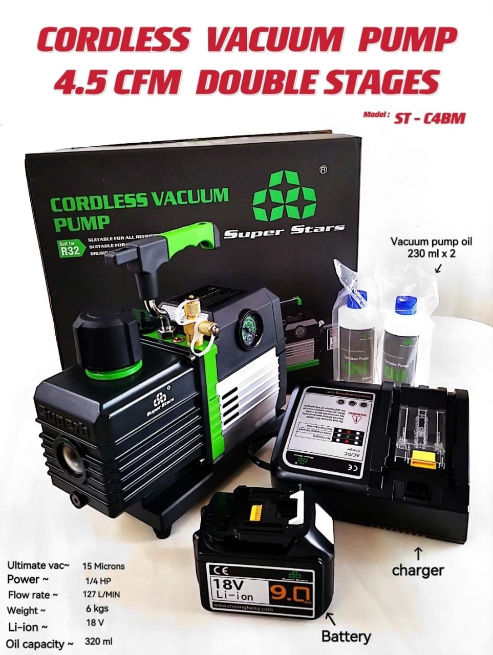 CORDLESS VACUUM PUMP 4.5 CFM DOUBLE STAGES (MODEL: ST-C4BM)