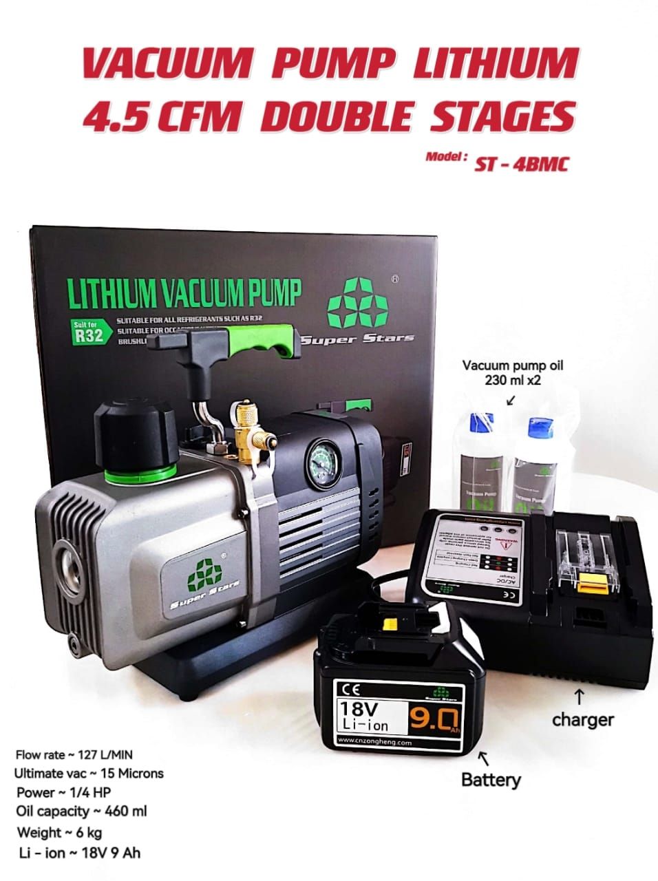 VACUUM PUMP LITHIUM 4.5 CFM DOUBLE STAGES (MODEL: ST-4BMC)