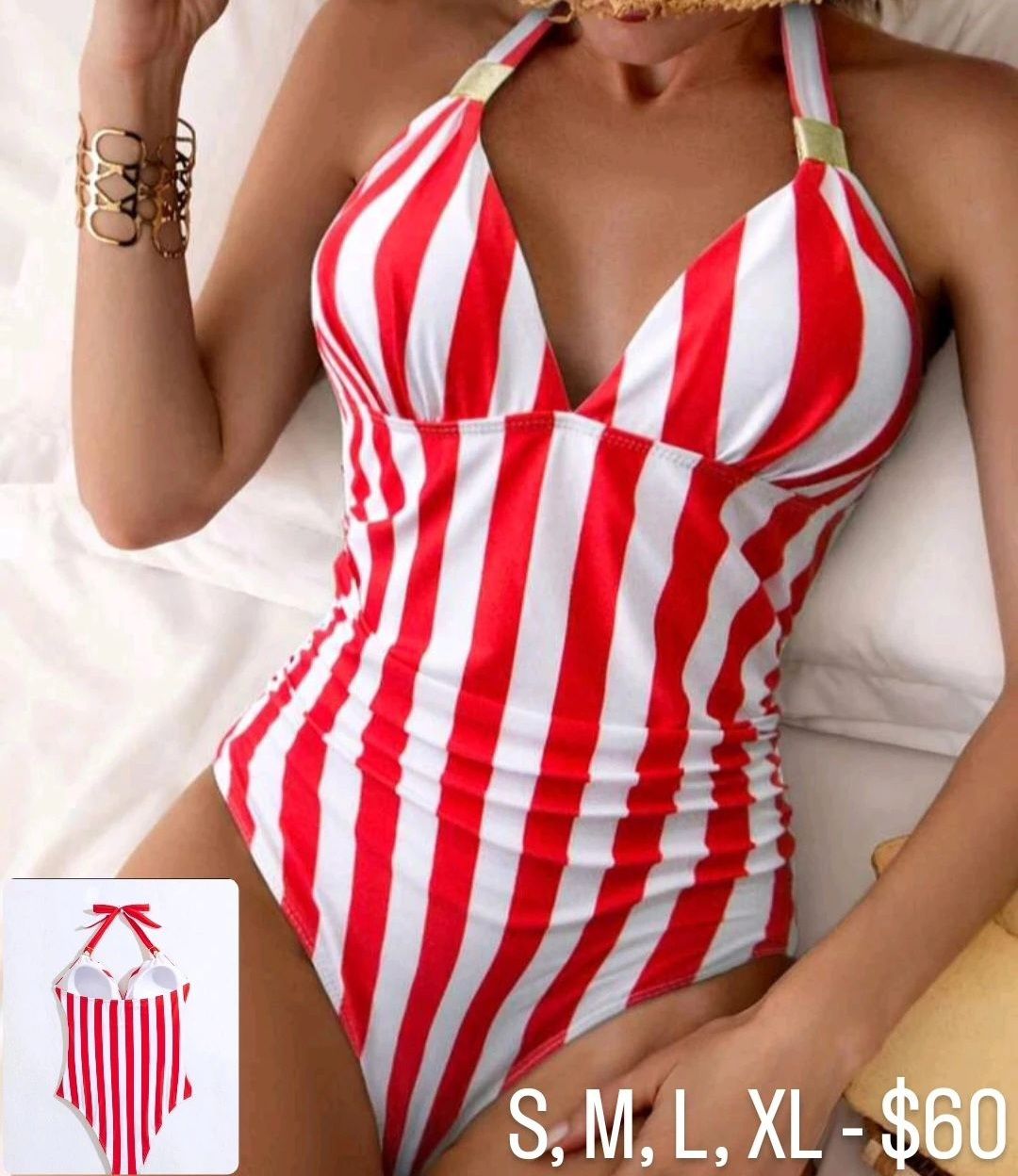 Red & White Strip Halter One Piece Swimsuit 