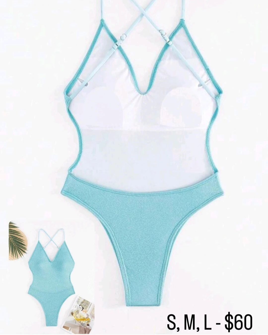 Baby Blue Shiny Cross  Back One Piece Swimsuit