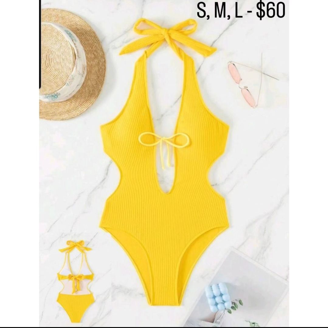 Yellow Textured Fabric Triangle One-piece Swimsuit