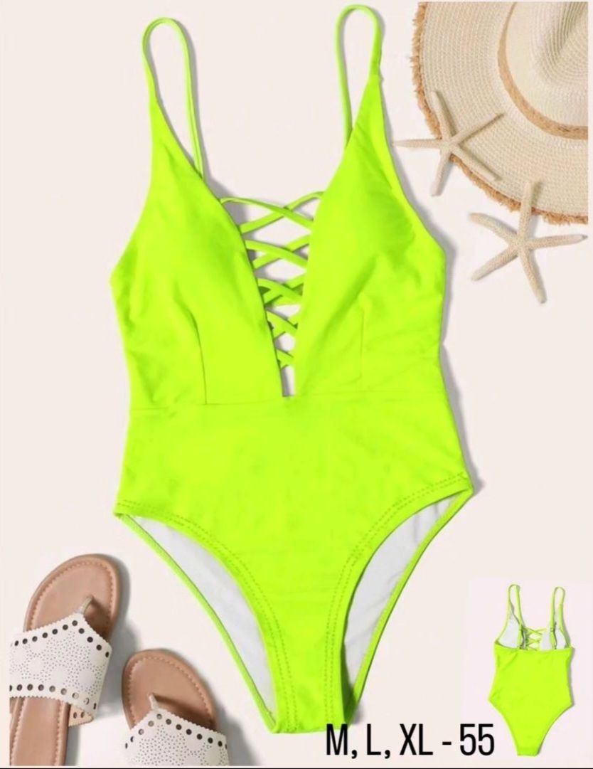 Neon Criss Cross Plunging One Piece Swimsuit