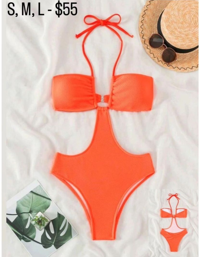 Orange Cut Out Halter One Piece Swimsuit