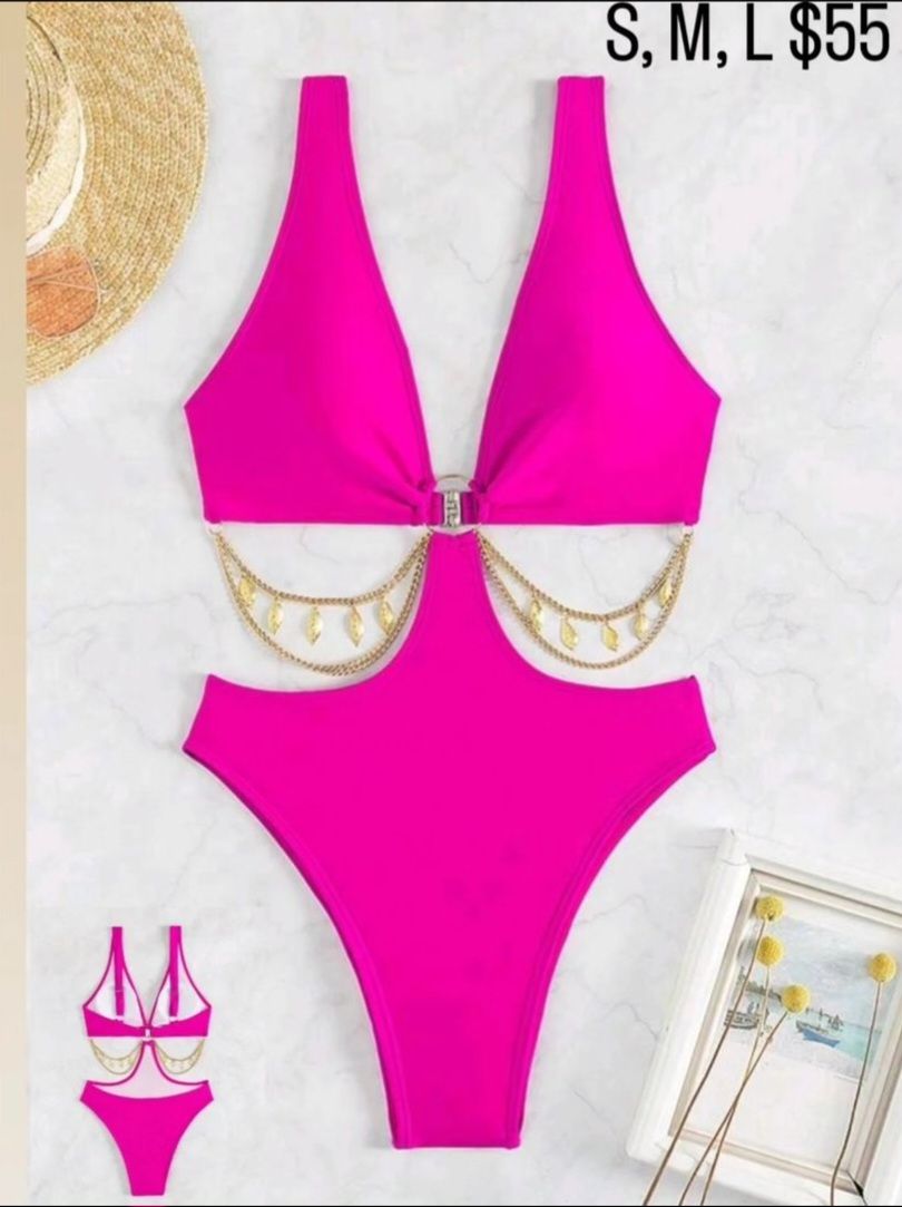 Hot Pink Chain Linked Cut Out Waist One Piece Swimsuit