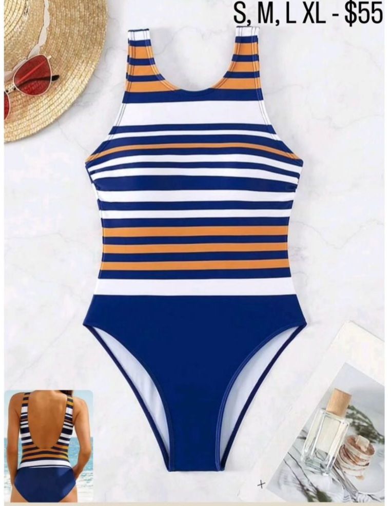 White, Navy & Brown Striped  Low Back One Piece Swimsuit