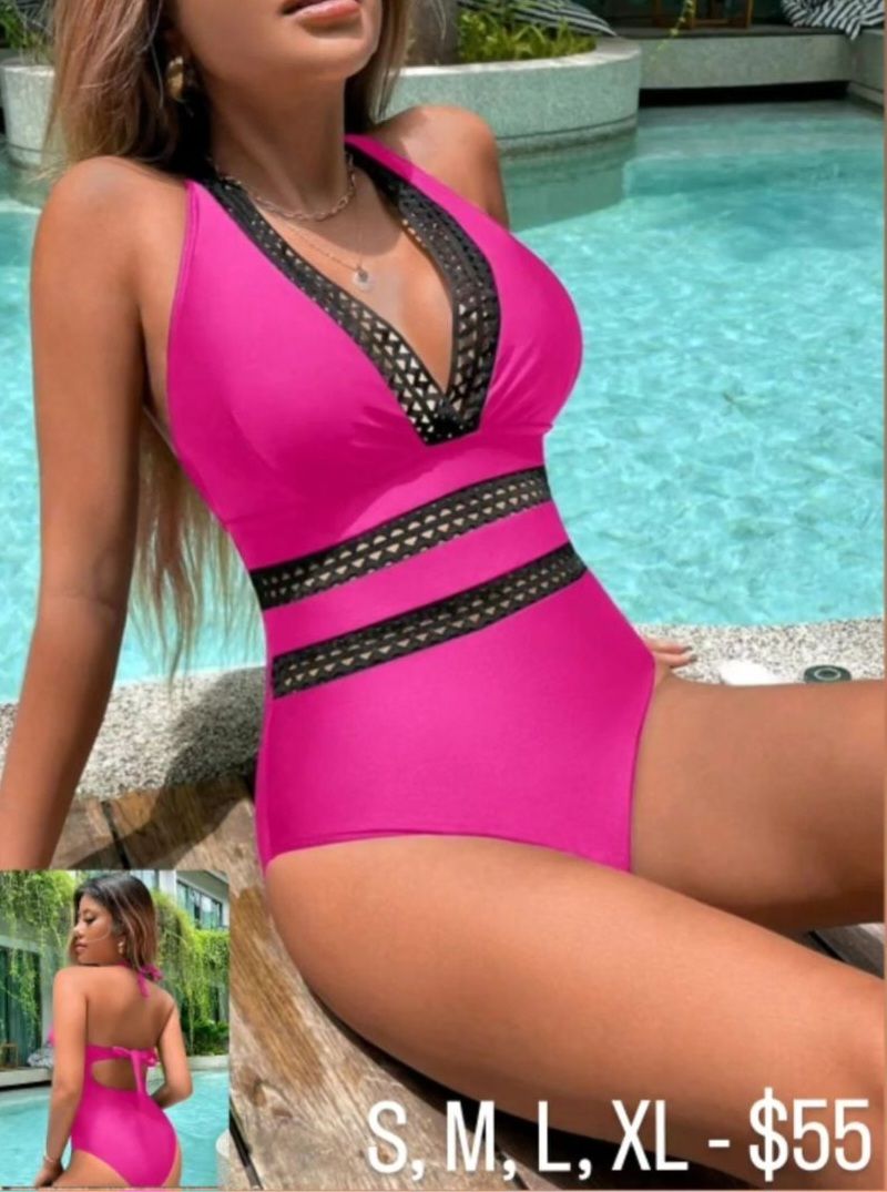 Pink w/Black Trim Halter One Piece Swimsuit