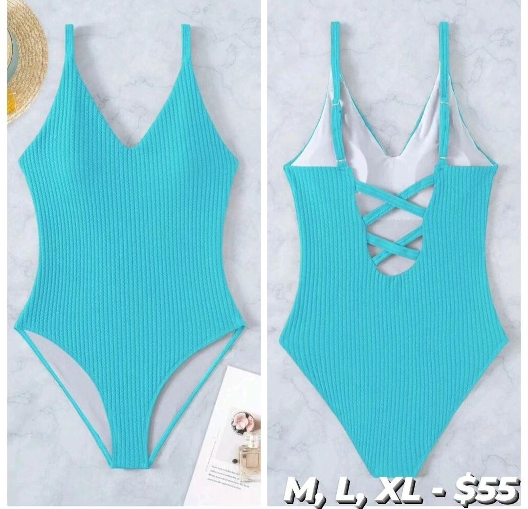 Mint Blue Solid Rib-knit One Piece Swimsuit