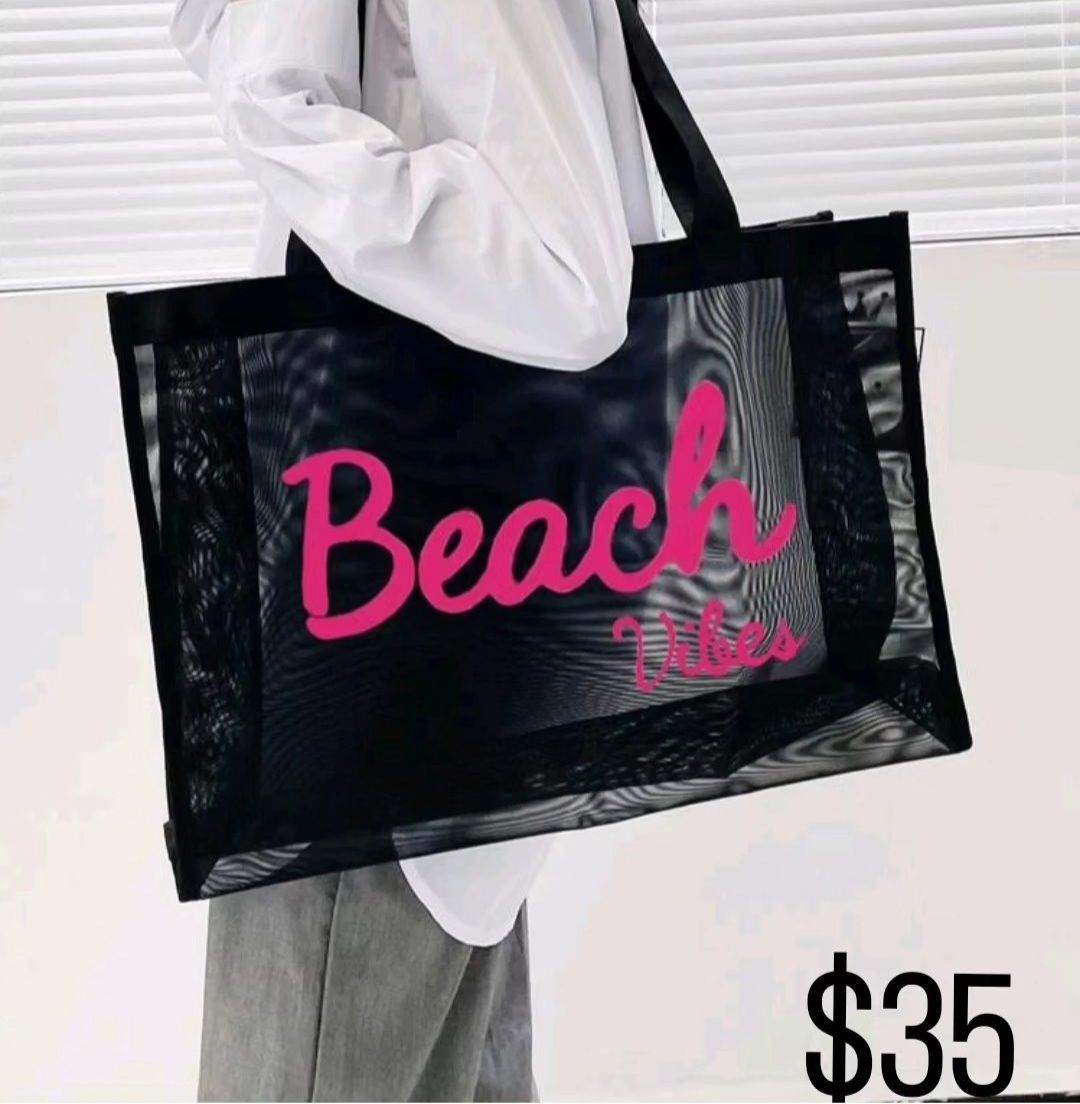 Black W/Pink Beach Vibes Beach Bag