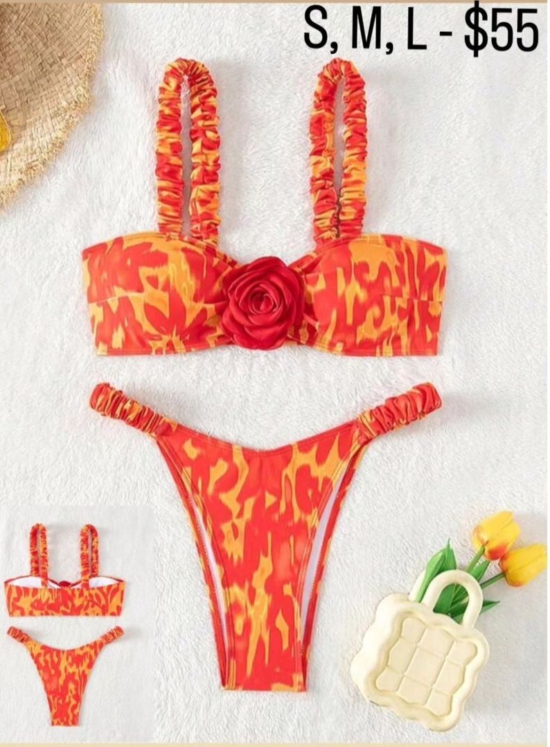 ORANGE & RED 3d Rose Colorblock Frill Trim Bikini Swimsuit