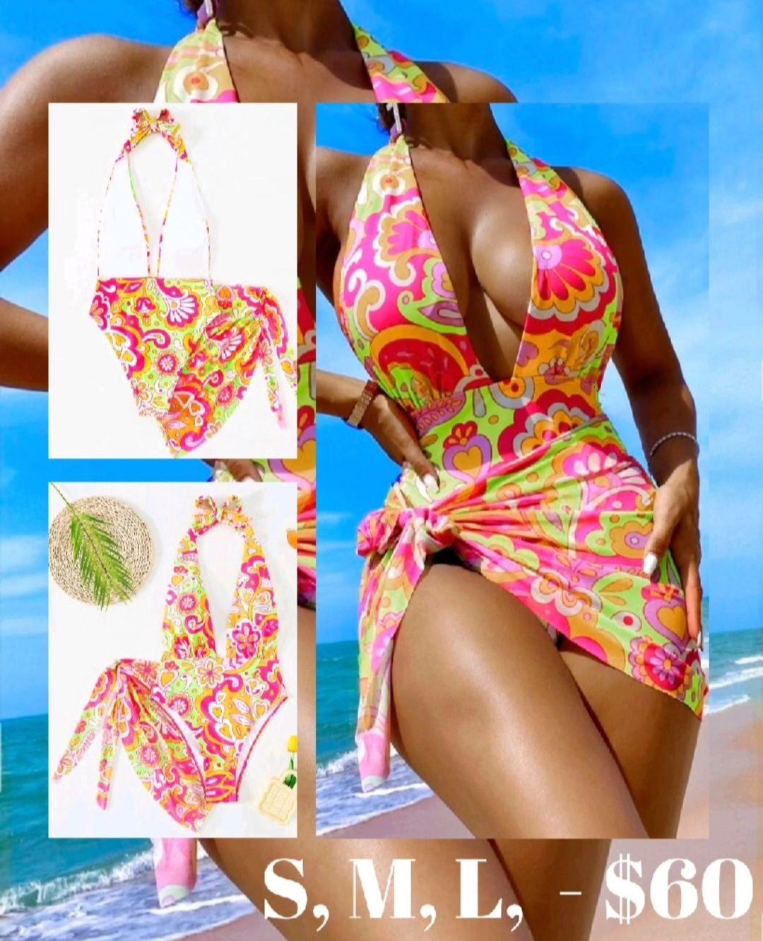 Floral Print One Piece Swimsuit With Beach Skirt