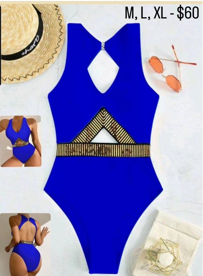 Blue Striped Tape Cut Out Backless One Piece Swimsuit