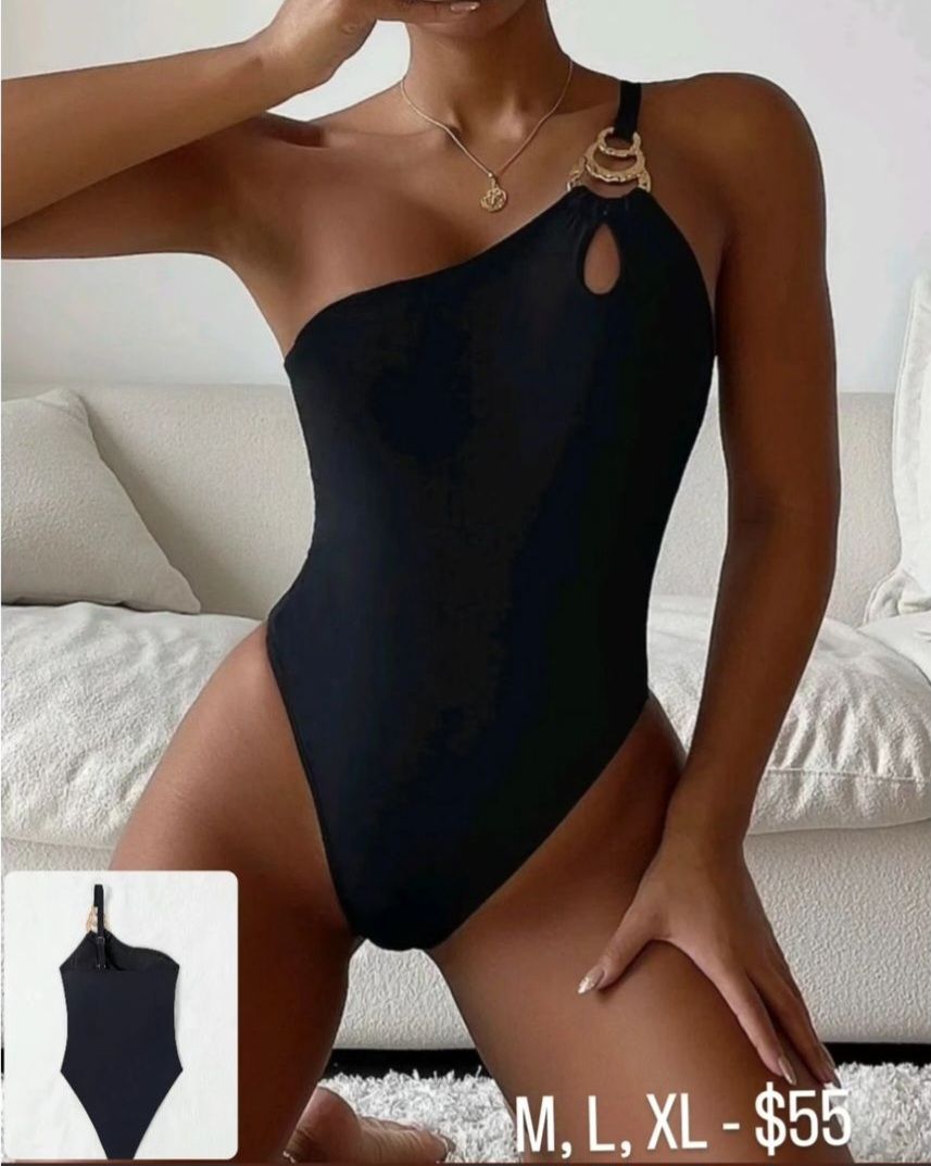 Black One Shoulder W/Ring One Piece Swimsuit