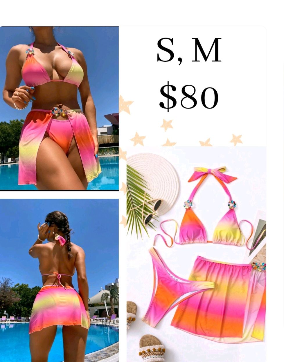 Pink/Yellow/Orange Halter Triangle Bikini Swimsuit With Beach Skirt