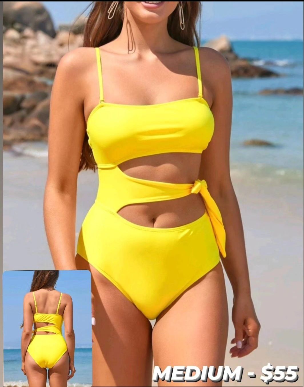 Yellow Cut Out Knot Side One Piece Swimsuit