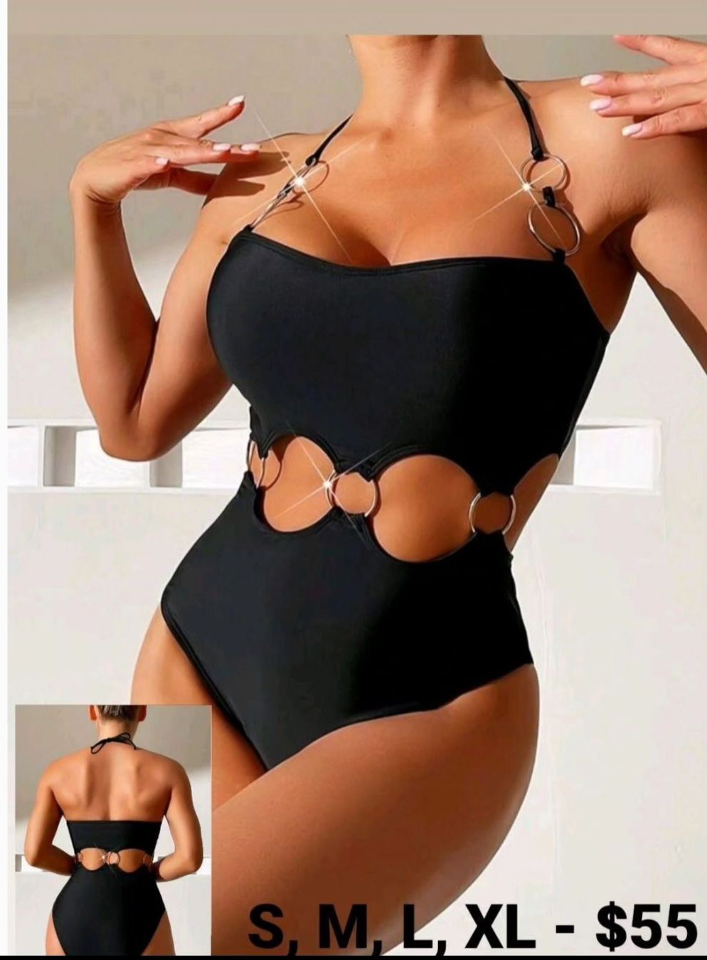 Black W/Middle Rings Cut Out Halter One Piece Swimsuit