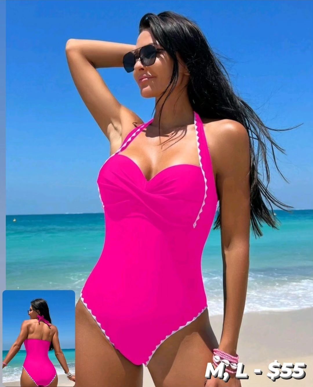 Pink W/White Trim On Bust  Push Up One Piece Swimsuit