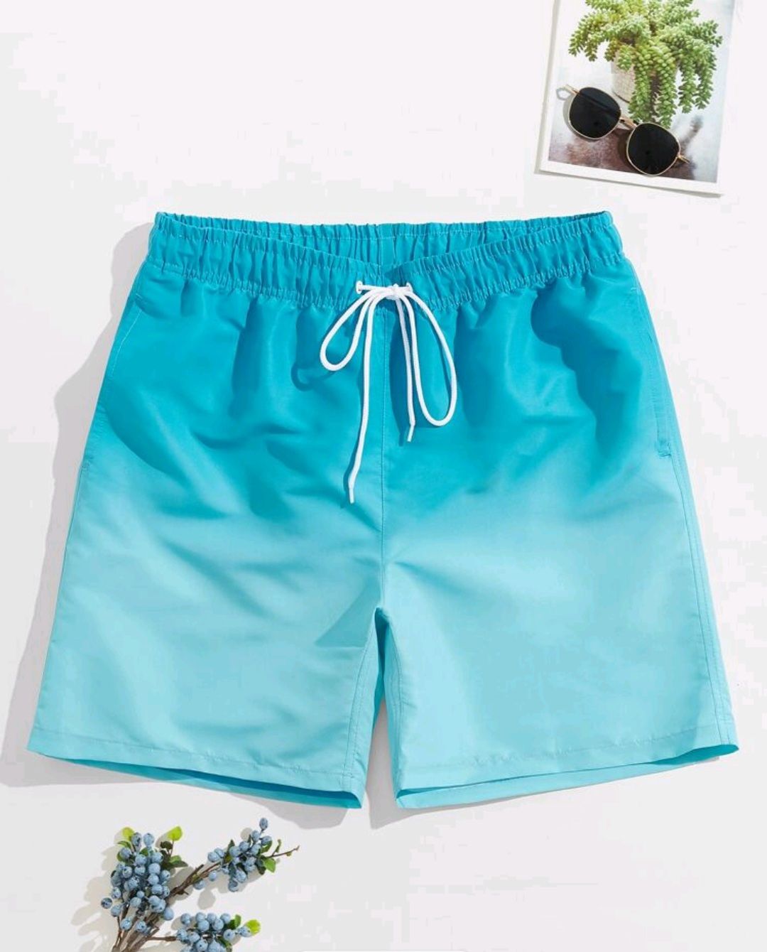 Men Blue Ombre Drawstring Swim Trunks