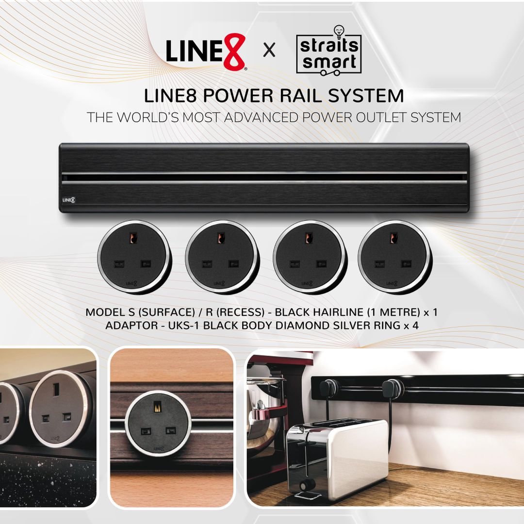 Bundle - Line8 Power Track (Black Hairline) 1.0 metre + 4 British Adaptors (Black Diamond Silver)