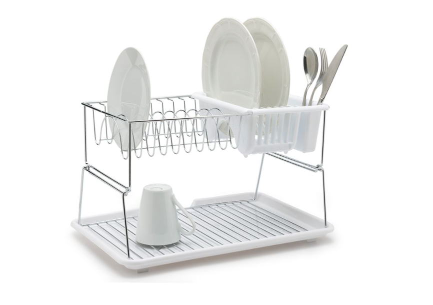 DISH RACK, 2 TIER, WHITE/STAINLESS STEEL