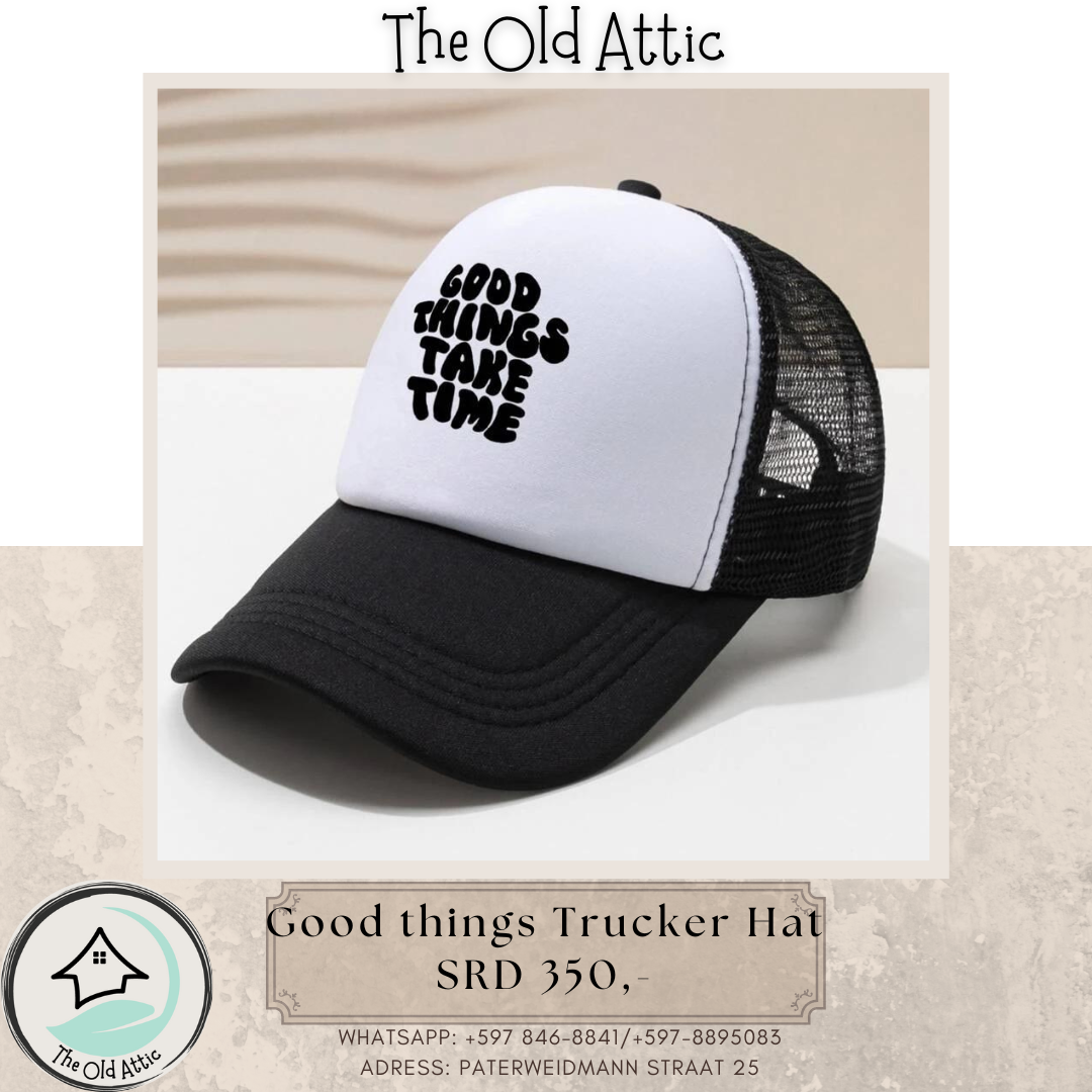 good things black white trucker hat