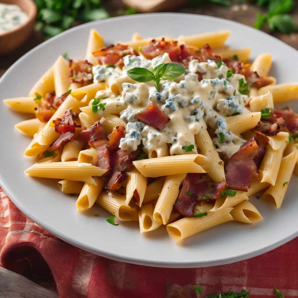 Pasta à La Bonina - Penne Pasta with Diced Flank Steak with Blue Cheese sauce and Bacon