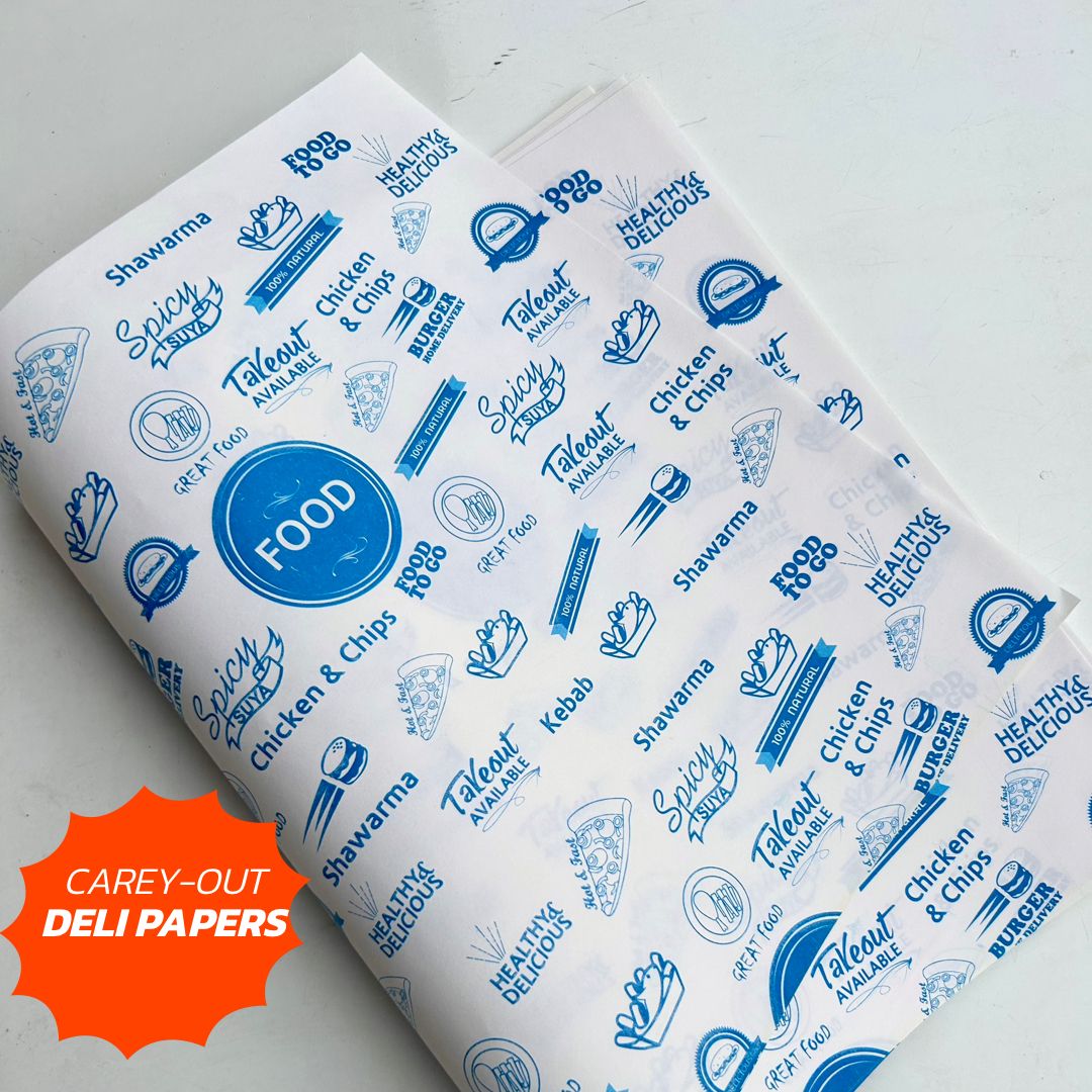 FOOD TO GO” DELI PAPERS - 12” x 12” / BLUE & WHITE - CARTON OF 1000 SHEETS
