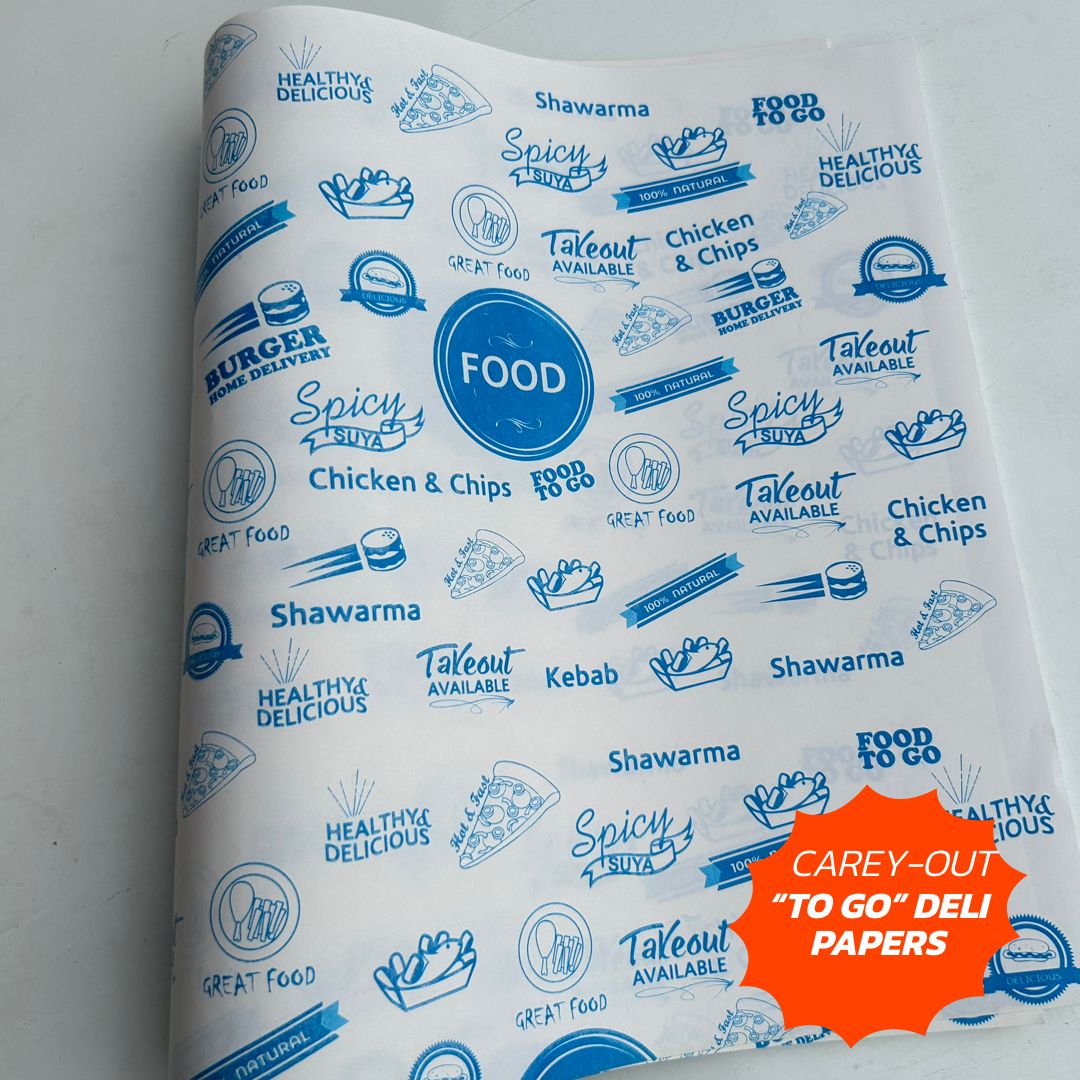 FOOD TO GO” DELI PAPERS - 8.5” x 12” / BLUE & WHITE - CARTON OF 1000 SHEETS