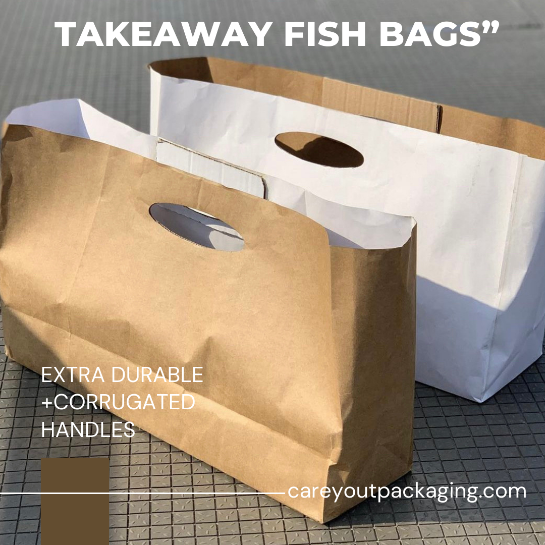 GRILLED FISH TAKEOUT BAGS - 21” x 10” x 5.5” BROWN / CORRUGATED OPEN HANDLES - CARTON OF 100 PIECES