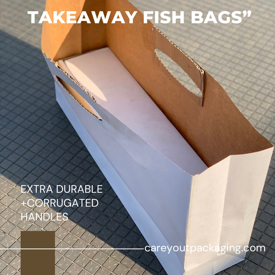 GRILLED FISH TAKEOUT BAGS - 21” x 10” x 5.5” WHITE / CORRUGATED OPEN HANDLES - CARTON OF 100 PIECES 