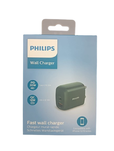 Philips DLP4326C Dual USB Fast Charging Wall Charger - 20W Type C & 18W USB-A