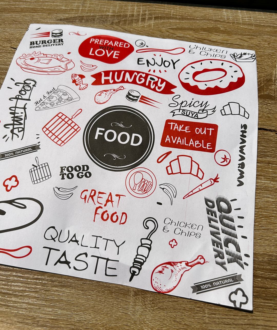 “ FOOD TO GO “ TABLE MATS - 12” x 12” - PACK OF 50 PIECES