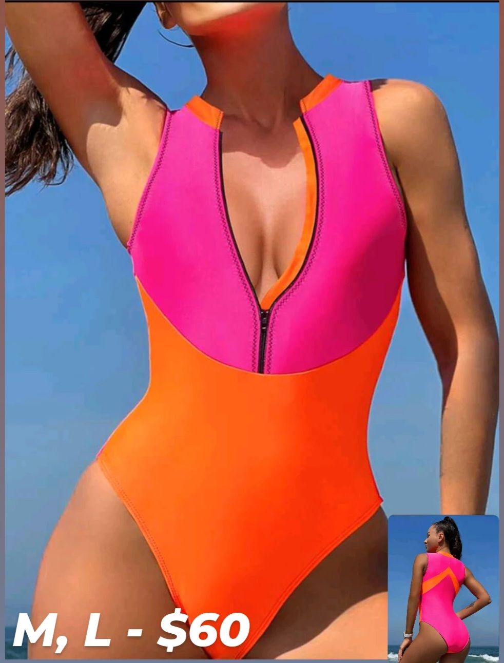 PINK / ORANGE ZIP FRONT ONE PIECE SWIMSUIT