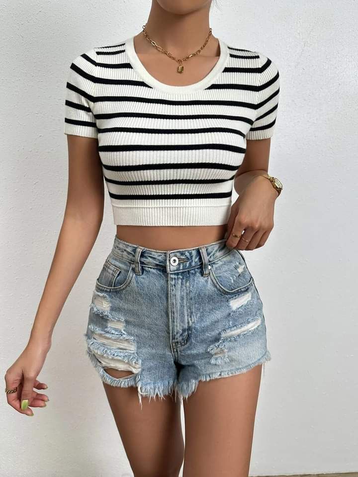 Frenchy Striped Pattern Crop Knit Top