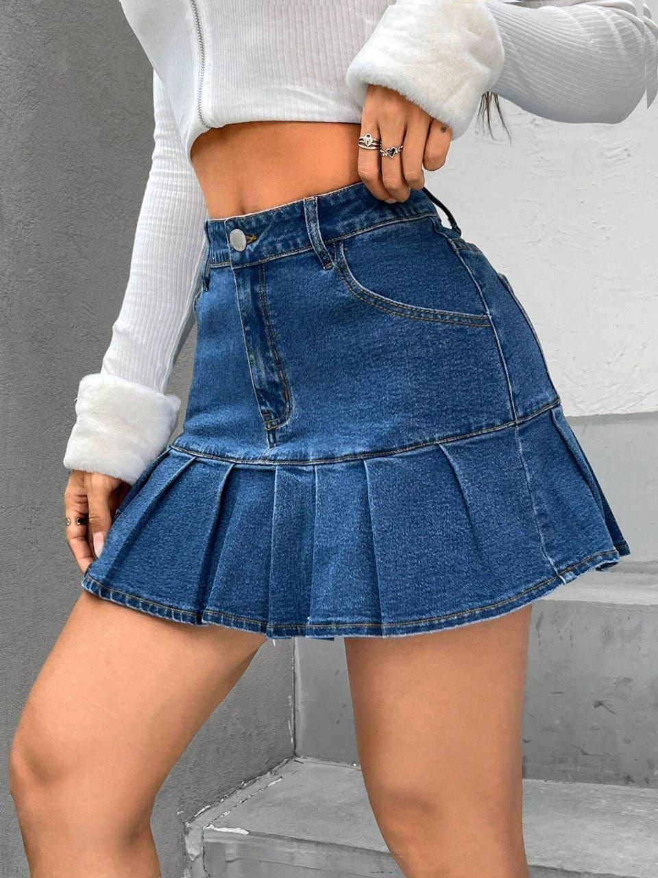 Pleated Hem Denim Skirt