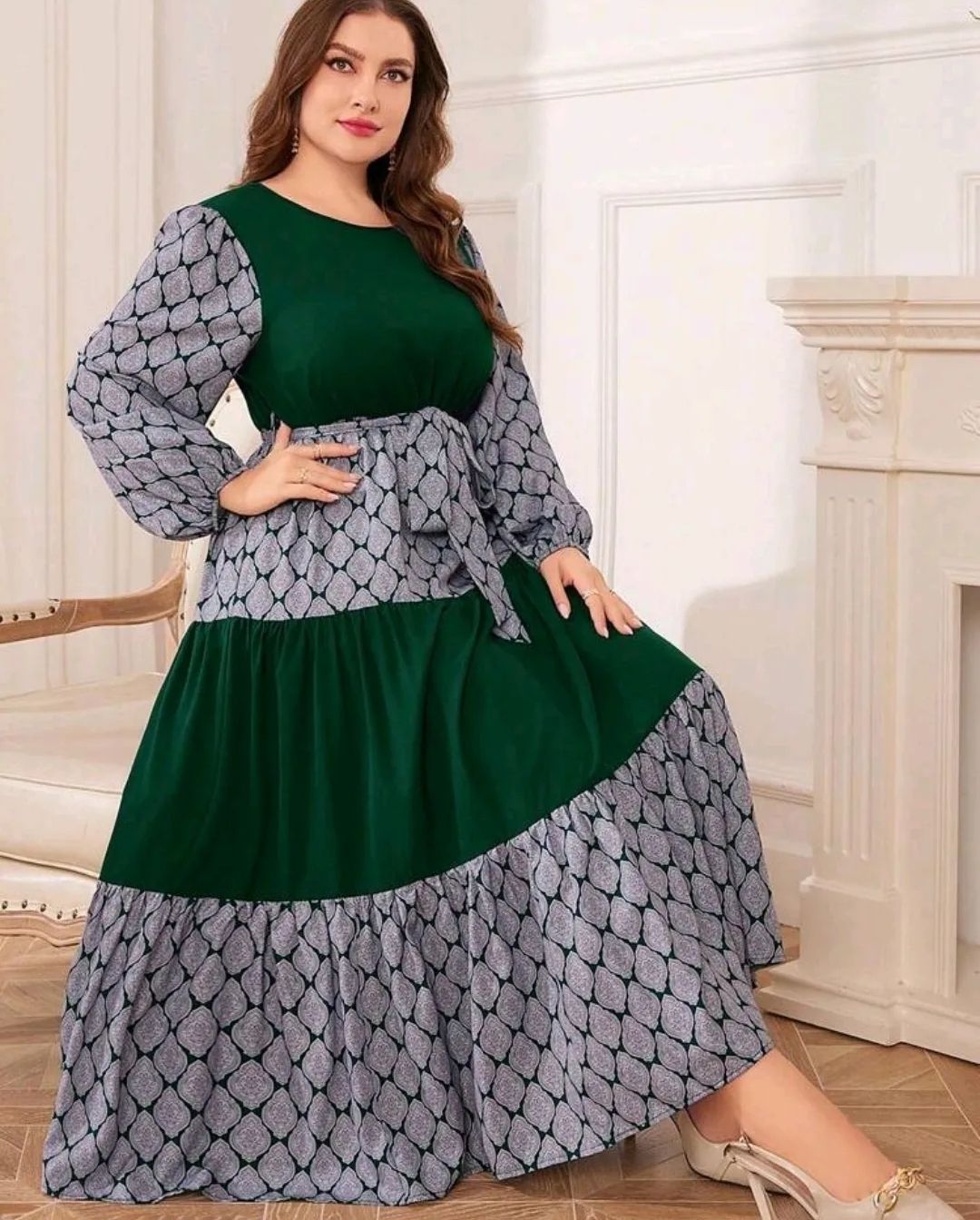 Plus Size Contrast Print Patchwork Dress