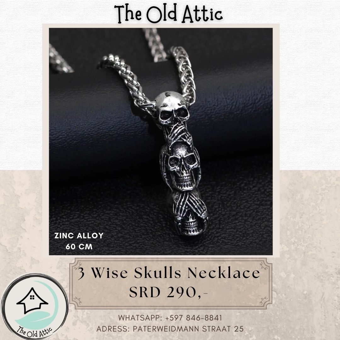 3 wise skulls necklace