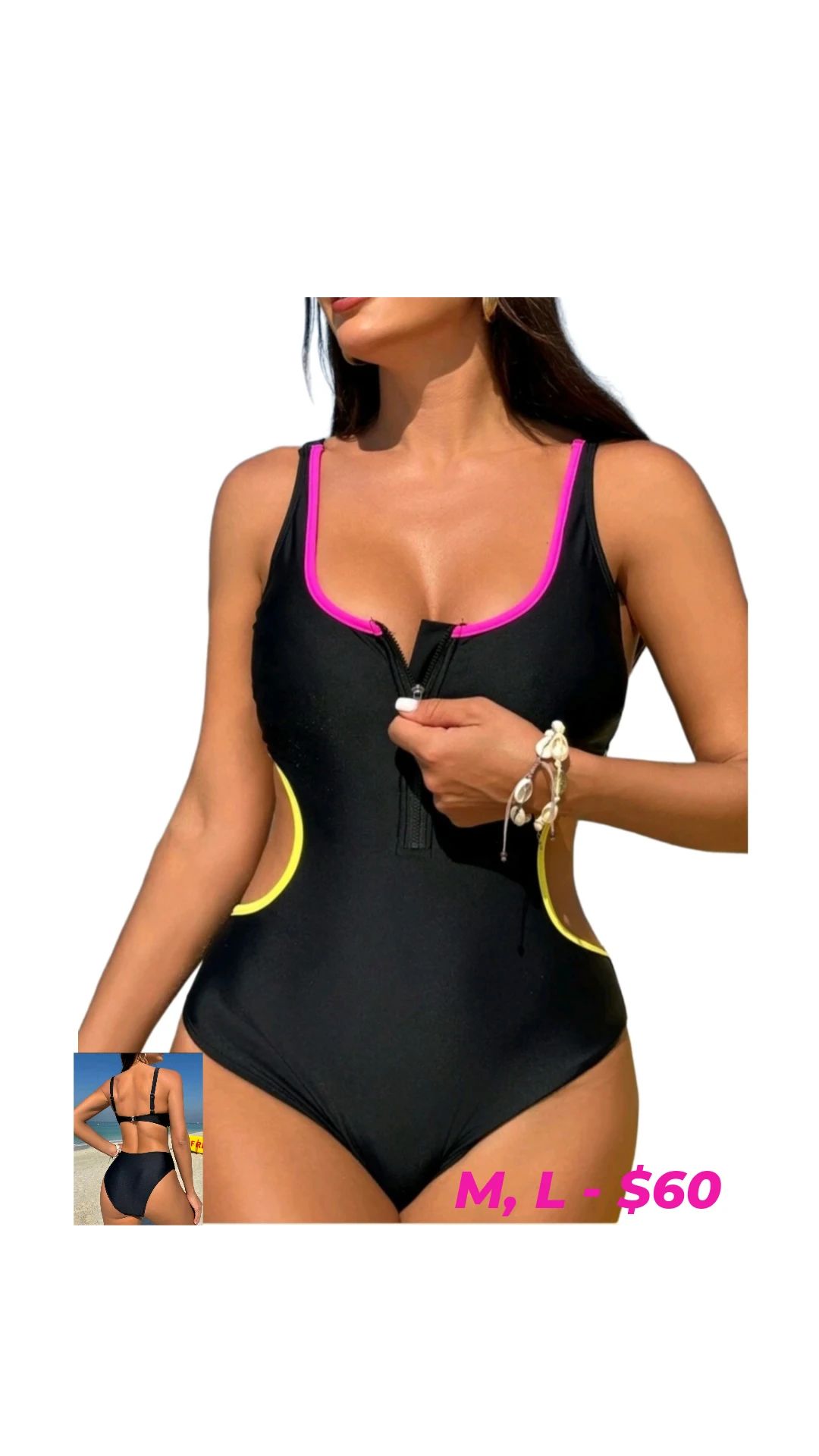 Black with Pink & Yellow Binding One Piece Swimsuit