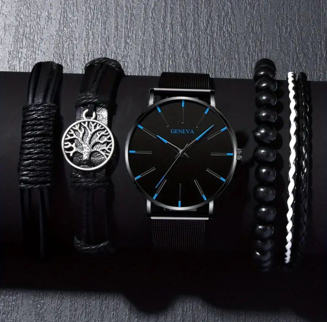 Montre à quartz pour hommes et bracelet arbre de vie noir 4 pièces