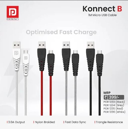 Portronics Konnect B 1meter Micro USB Nylon Braided Cable (Assorted Color)