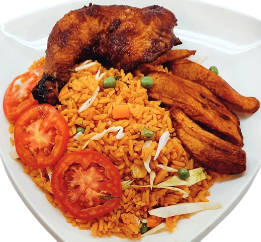 Customised jollof with sweet plantain, vegetables and Chicken/gizzard/assorted meat and green pepper sauce  